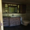 Walnut Veneer Bathroom Vanity with Soft Distressed Wash